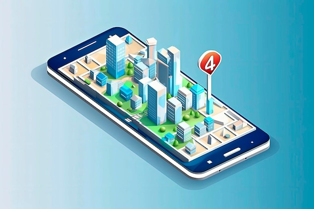 Generative AI illustration of City map route navigation online on smartphone with point locator City isometric plan with road and buildings