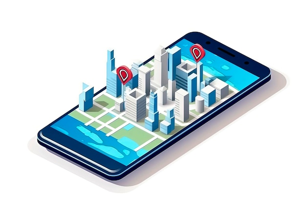 ポイントロケーターを備えたスマートフォン上のオンライン都市地図ルートナビゲーションの生成AIイラスト道路と建物を含む都市等角投影計画