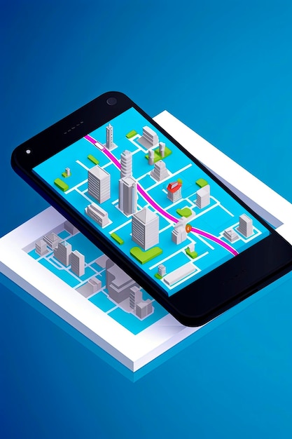 Generative AI illustration of City map route navigation online on smartphone with point locator City isometric plan with road and buildings