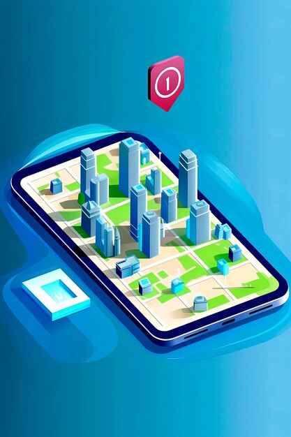 Generative ai illustration of city map route navigation online on smartphone with point locator city isometric plan with road and buildings