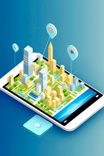 Generative AI illustration of City map route navigation online on smartphone with point locator City isometric plan with road and buildings