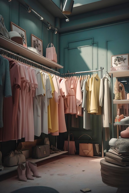 Generative AI illustration of Clothing store of luxury clothes decorated in pastel colorsInterior design