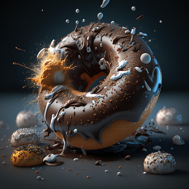 Generative AI illustration of conceptual art 3d donuts with dark and white chocolate, melted around,