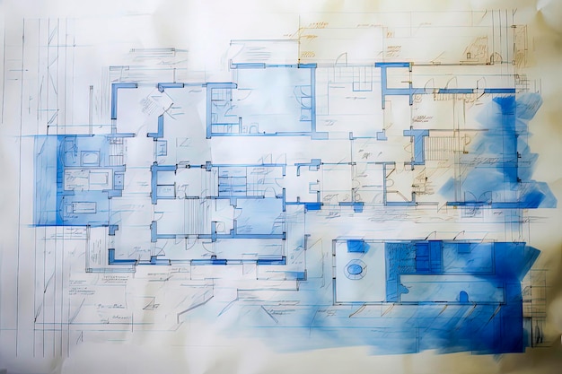 Generative AI illustration of construction house plans drawn with colored watercolors viewed