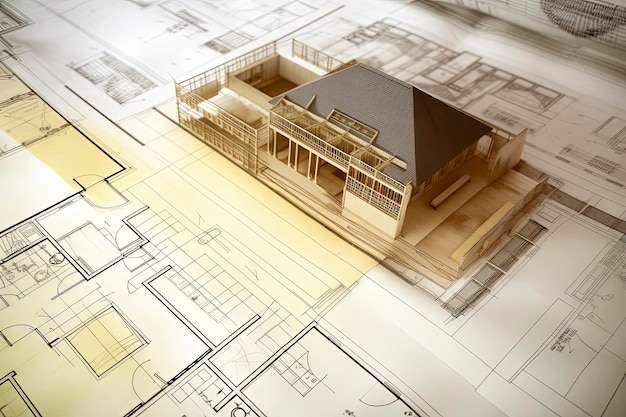 Generative AI illustration of construction house plans drawn with colored watercolors viewed