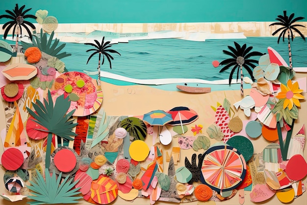 Illustrazione ai generativa di cool collage alla moda dell'estate in spiaggia fatto a mano su carta scrapbook con colori vivaci