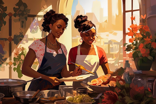 Generative AI illustration of couple of beautiful black women cooking together in a classic kitchen Illustration styleDigital art