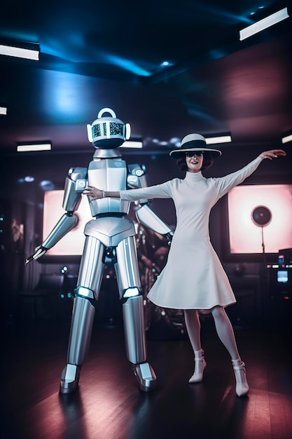 Generative ai illustration of couple of man and woman artificial intelligence semihuman robots in love dressed in latest fashion with hat dancing in a trendy nightclub