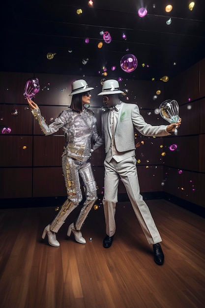 Генеративный AI иллюстрация пары мужчин и женщин, получеловеческих роботов искусственного интеллекта, влюбленных, одетых по последней моде в шляпе, танцующих в модном ночном клубе