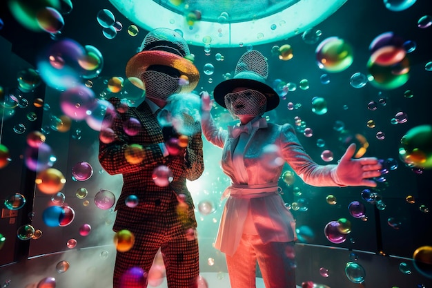 Photo generative ai illustration of couple of man and woman artificial intelligence semihuman robots in love dressed in latest fashion with hat dancing in a trendy nightclub