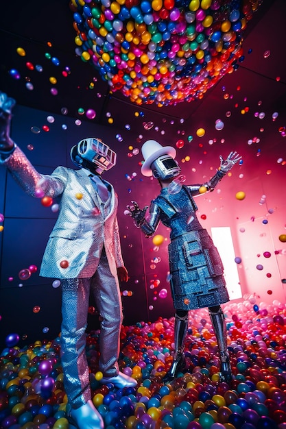 Generative AI illustration of couple of man and woman artificial intelligence semihuman robots in love dressed in latest fashion with hat dancing in a trendy nightclub