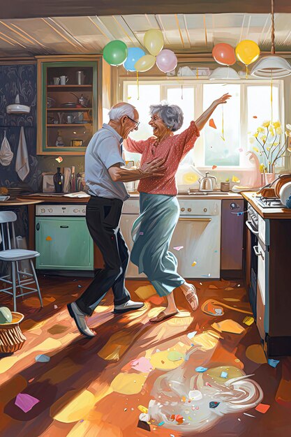 Generative AI illustration of Couple of old people dancing and enjoying life in the kitchen