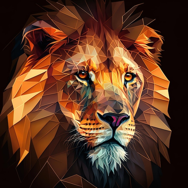 Generative AI illustration of creative of lion made of colorful geometric shapes on background Leader courage strong and brave majestic lion