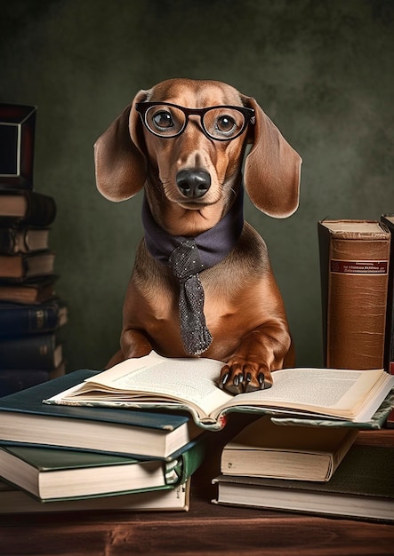 Illustrazione ai generativa del simpatico cane dachshund con gli occhiali e un libro che impara a scuola