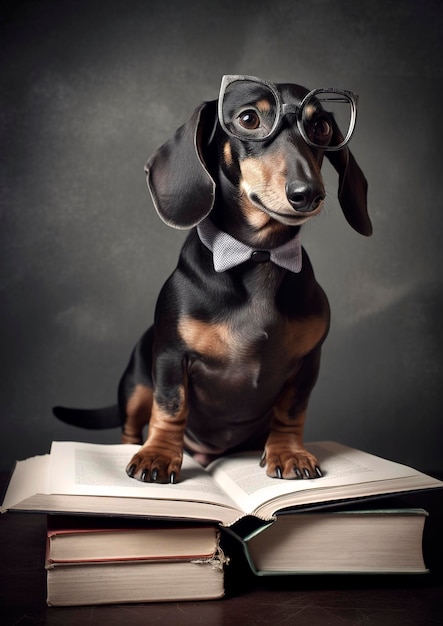 Photo generative ai illustration of cute dachshund dog with glasses and a book learning at school