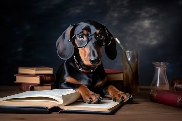 Foto illustrazione ai generativa del simpatico cane dachshund con gli occhiali e un libro che impara a scuola