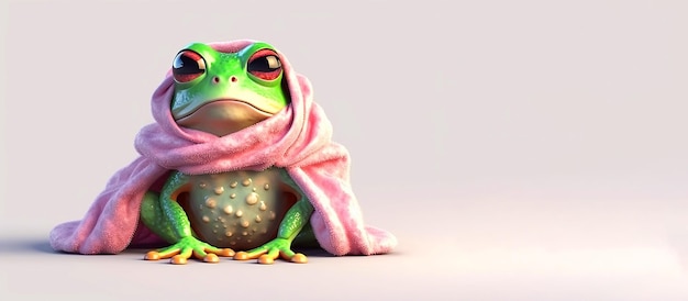 Generative AI illustration of a cute funny frog in a pink robe isolated on a white background Panoramic horizontal image with space for your text