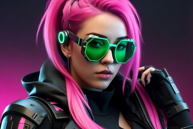 Photo generative ai illustration of cyberpunk girl with pink hair in futuristic image with protective green glasses in leather jacket fantastic concept cartoon illustration copy ad text space