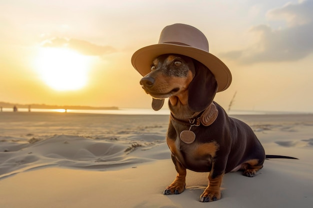Illustrazione ai generativa del cane bassotto che indossa occhiali da sole in vacanza seduto su un'amaca
