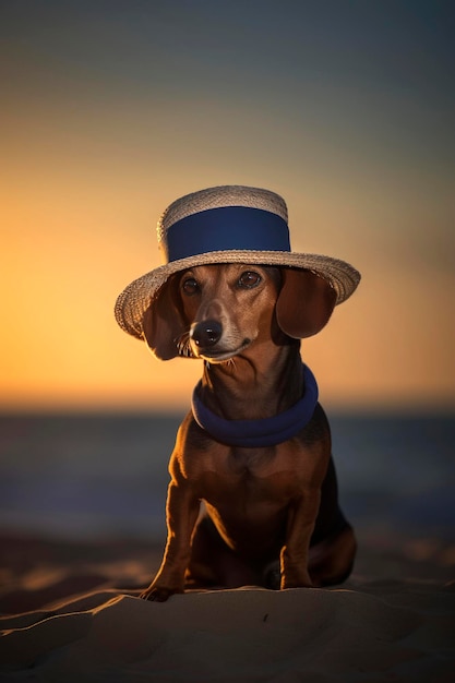 Generative AI illustration of Dachshund dog wearing sunglasses on vacation sitting in a hammock