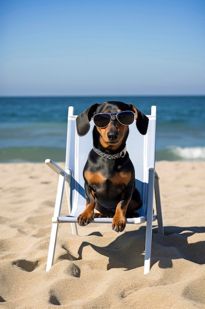 Generative AI illustration of Dachshund dog wearing sunglasses on vacation sitting in a hammock