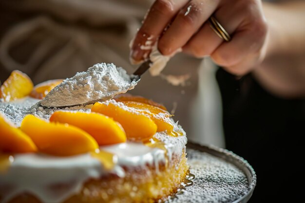 Foto illustrazione generativa dell'ia di una deliziosa torta di pesche fatta in casa