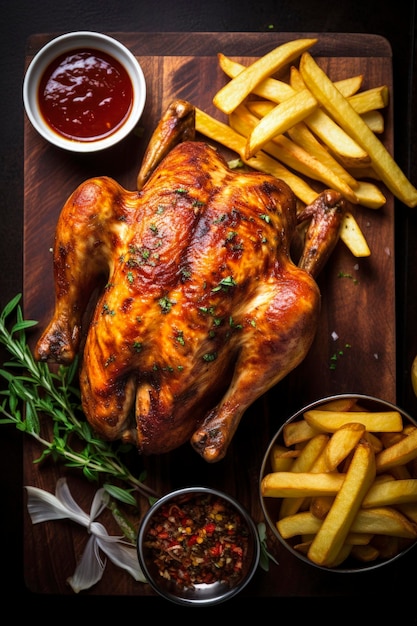 Generative AI illustration of delicious homemade roast chicken with French fries and different sauces Homemade food concept