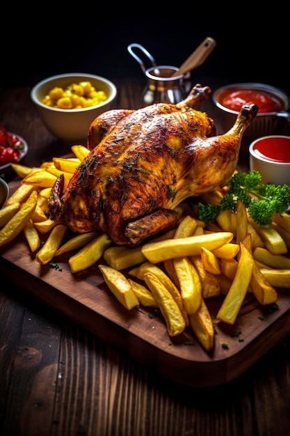 Генеративная AI-иллюстрация вкусной домашней жареной курицы с картофелем фри и различными соусами. Концепция домашней еды
