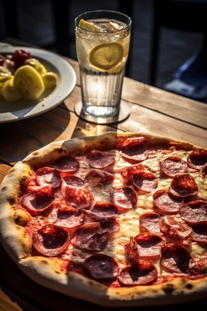 Foto illustrazione ai generativa di una deliziosa pizza al salame su un tavolo sulla terrazza di un bar sulla spiaggia cibo italiano