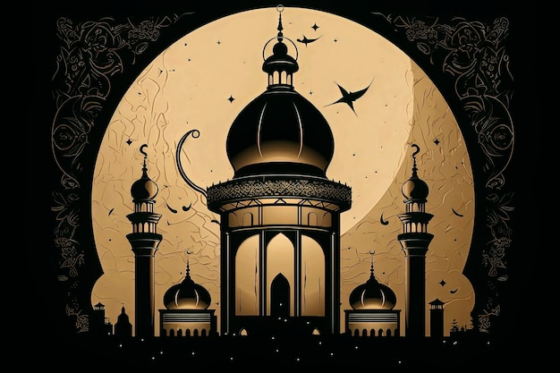 Generative AI illustration of Design of a Muslim city illustration with mosque and crescent in aid Muslim