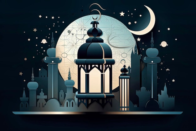 Генеративный AI иллюстрация дизайна мусульманского города с мечетью и полумесяцем в помощь мусульманину