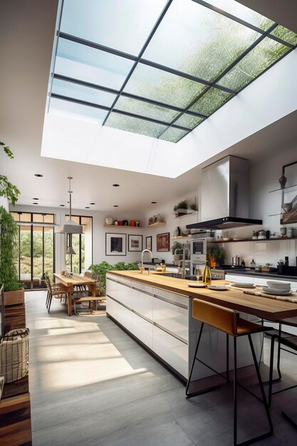 Generative AI illustration of designed cozy kitchen with glass roof light and spacious high ceiling two floors volume with reclaimed wood furniture