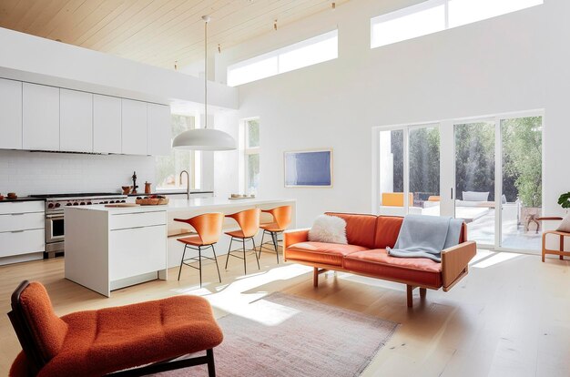 オープン キッチンと窓から自然光が差し込むモダンなデザインの家具を備えたダイニング ルームのジェネレーティブ AI イラスト