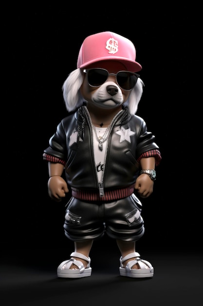 Generative AI illustration of dog dressed in hip hop clothes and sunglasses