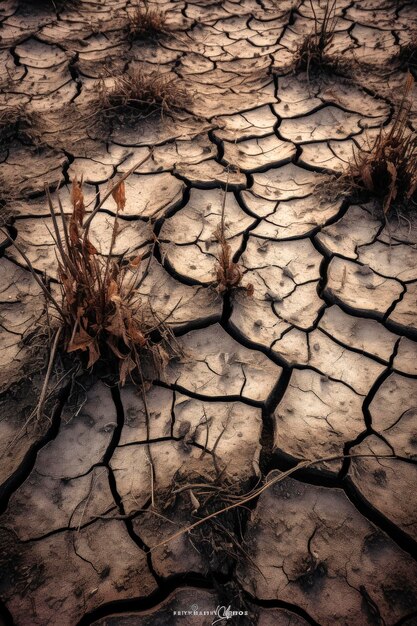 Generative AI illustration of dry swamp with cracked ground due to drought originating from climate change