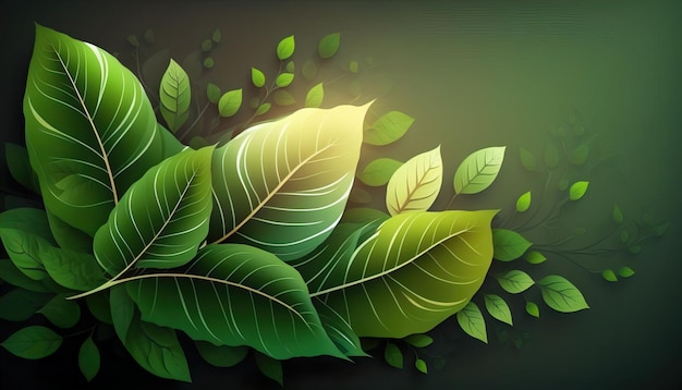 Generative AI illustration ecological background top view of green different leaves growing in botanical garden