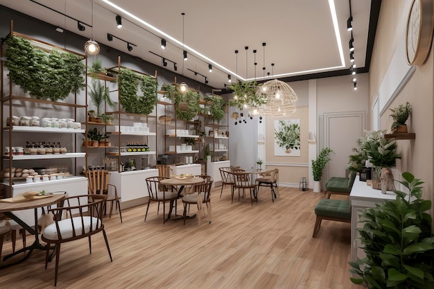 재활용 목재 가구 식물과 자연 채광이 풍부한 생태적이고 지속 가능한 커피숍의 생성 AI 삽화