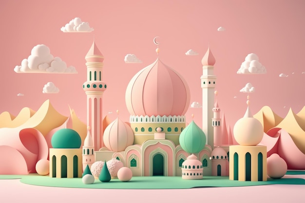 Generative AI illustration of Eid Mubarak background with mosque and crescent moon