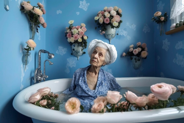 Generative AI illustration of elderly grandmother with long gray hair in a bathroom with flowers