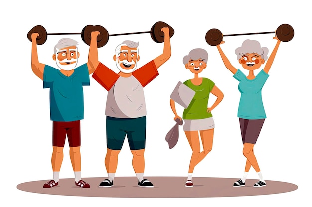 Generative AI illustration of elderly people doing gymnastics in minimalist illustration style Healthy exercise