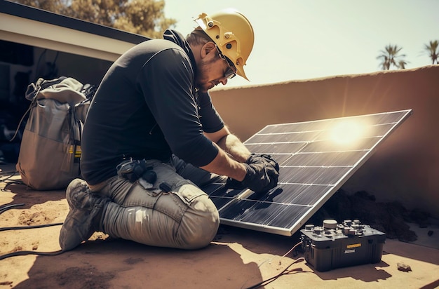 Generative AI illustration of Electrician in safety helmet uniform and working gloves setting a shiny new solar panel