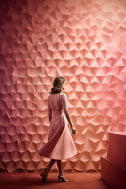 Generative AI illustration of Elegant and attractive 30yearold woman with her back turned to a futuristic wall dressed in a luxurious leather dress