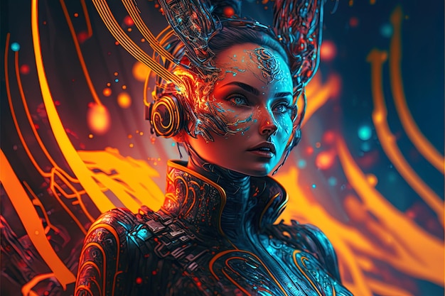 Generative AI illustration of an enthusiastic young women wearing virtual reality goggles is inside the metaverse Metaverse concept and virtual world elements Games and entertainment of the digital