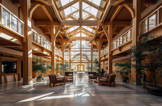 Generative AI illustration of Experimental Architecture Design massive open atrium timber frame grandeur tall ceilings