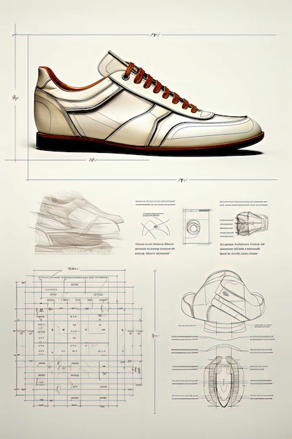 ファッション靴の生成的なAIイラスト 測定メモのテクニカルシート カラフルなファッション靴