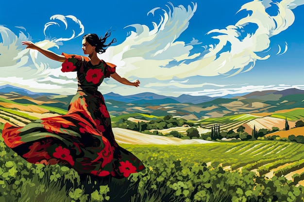 Generative AI illustration of Flamenco dancer on Andalusian landscape background Style illustration Typical Spanish