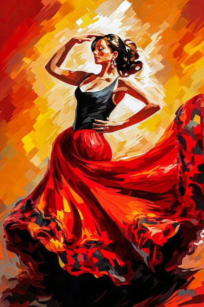 Generative AI illustration of Flamenco dancer on Andalusian landscape background Style illustration Typical Spanish