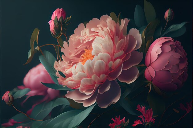 Generative ai illustration of flowers concept art chinese digital art style and background retro texture close focus