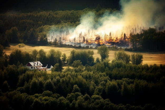 Illustrazione dell'intelligenza artificiale generativa della foresta e del villaggio in un grande incendio estivo a causa della mancanza di cambiamenti climatici rainstop