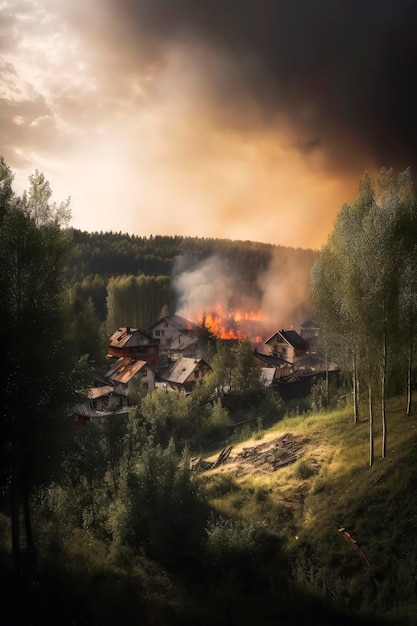 Generative AI illustration of forest and village in big summer fire due to lack of rainstop climate change